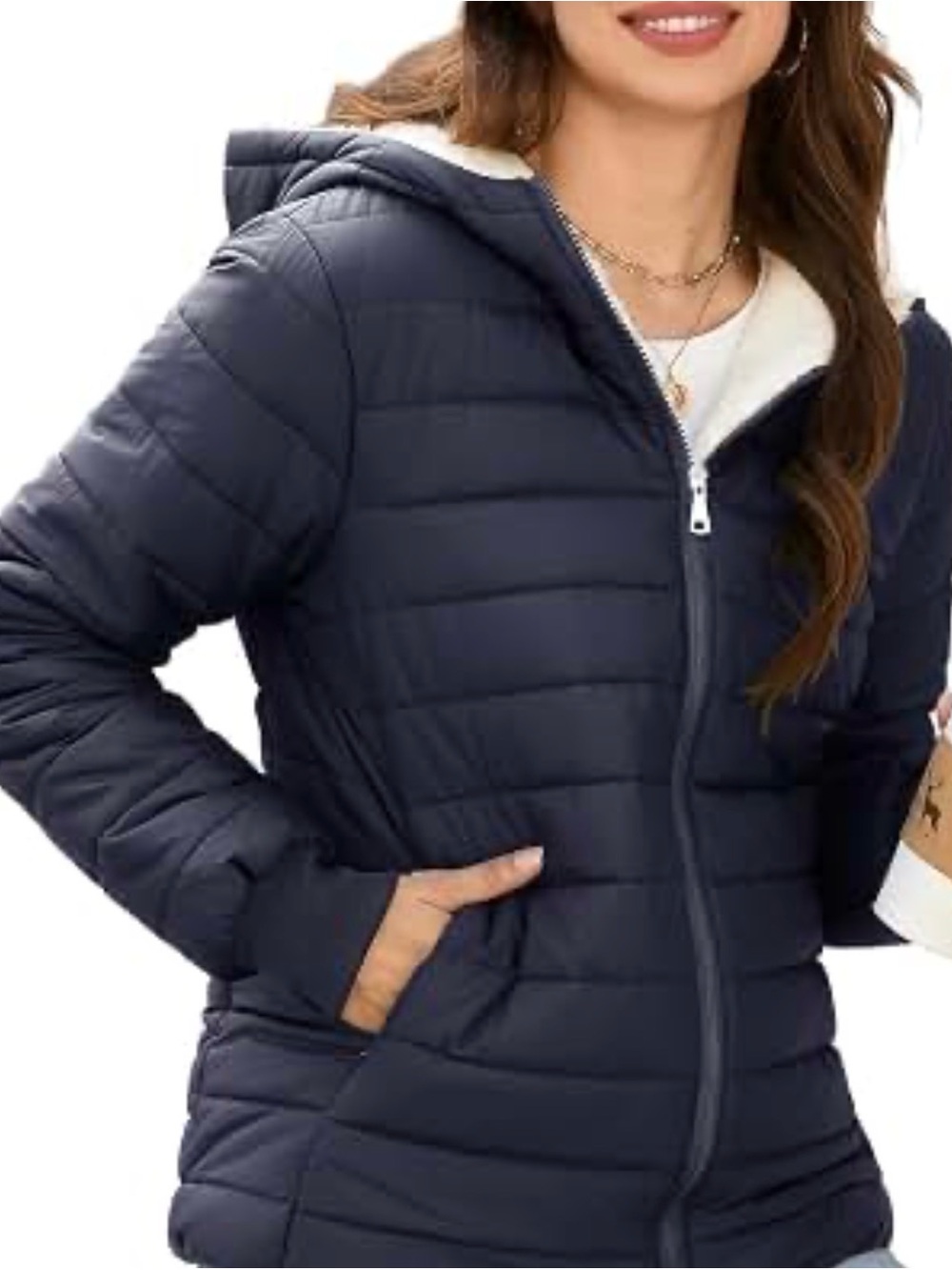 Weatherproof Navy Quilted Hooded Puffer with Sherpa Lining